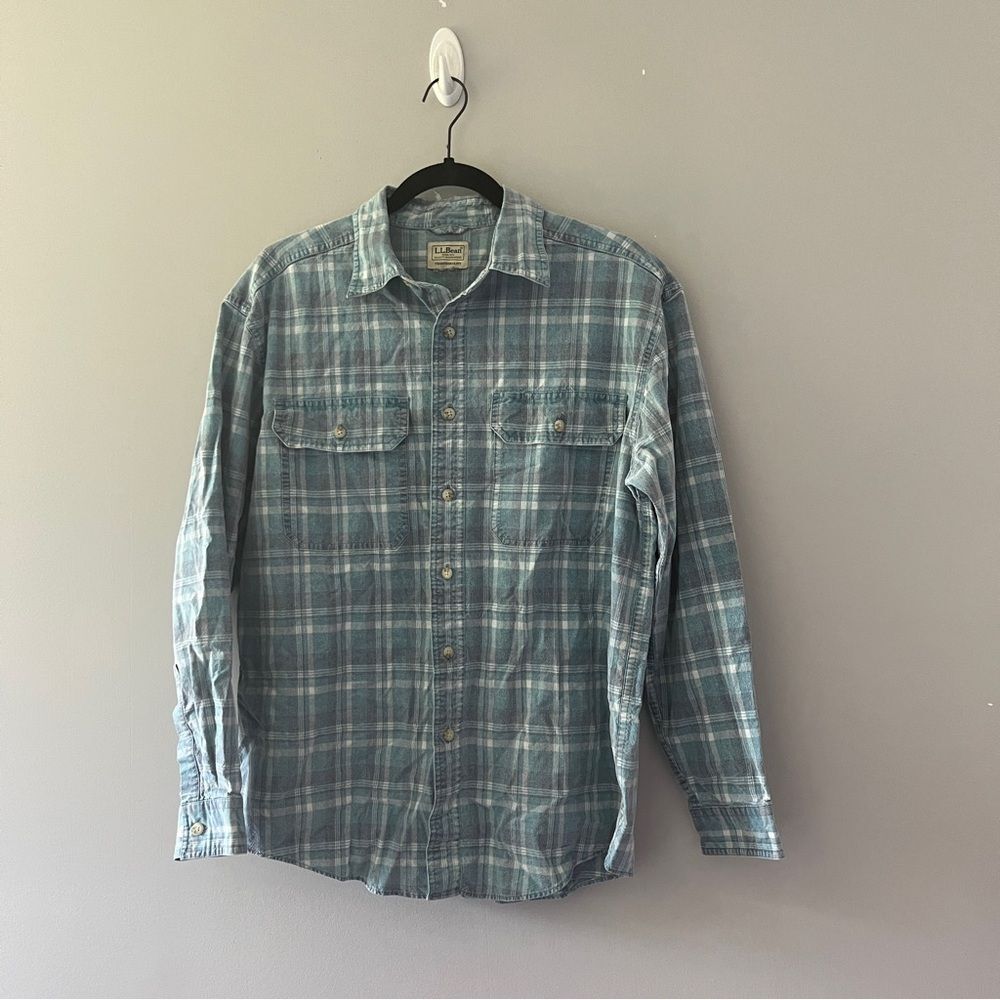 LL Bean Blue Plaid Long Sleeve Button Up Shirt Cotton